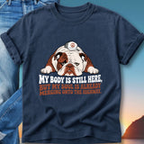 Bulldog wearing a hat with text: "My body is still here, but my soul is already merging onto the highway."