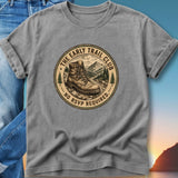 "The Early Trail Club" t-shirt with hiking boot and mountains graphic.