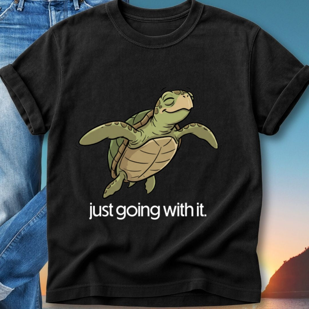 Black t-shirt with cartoon turtle and text "just going with it."