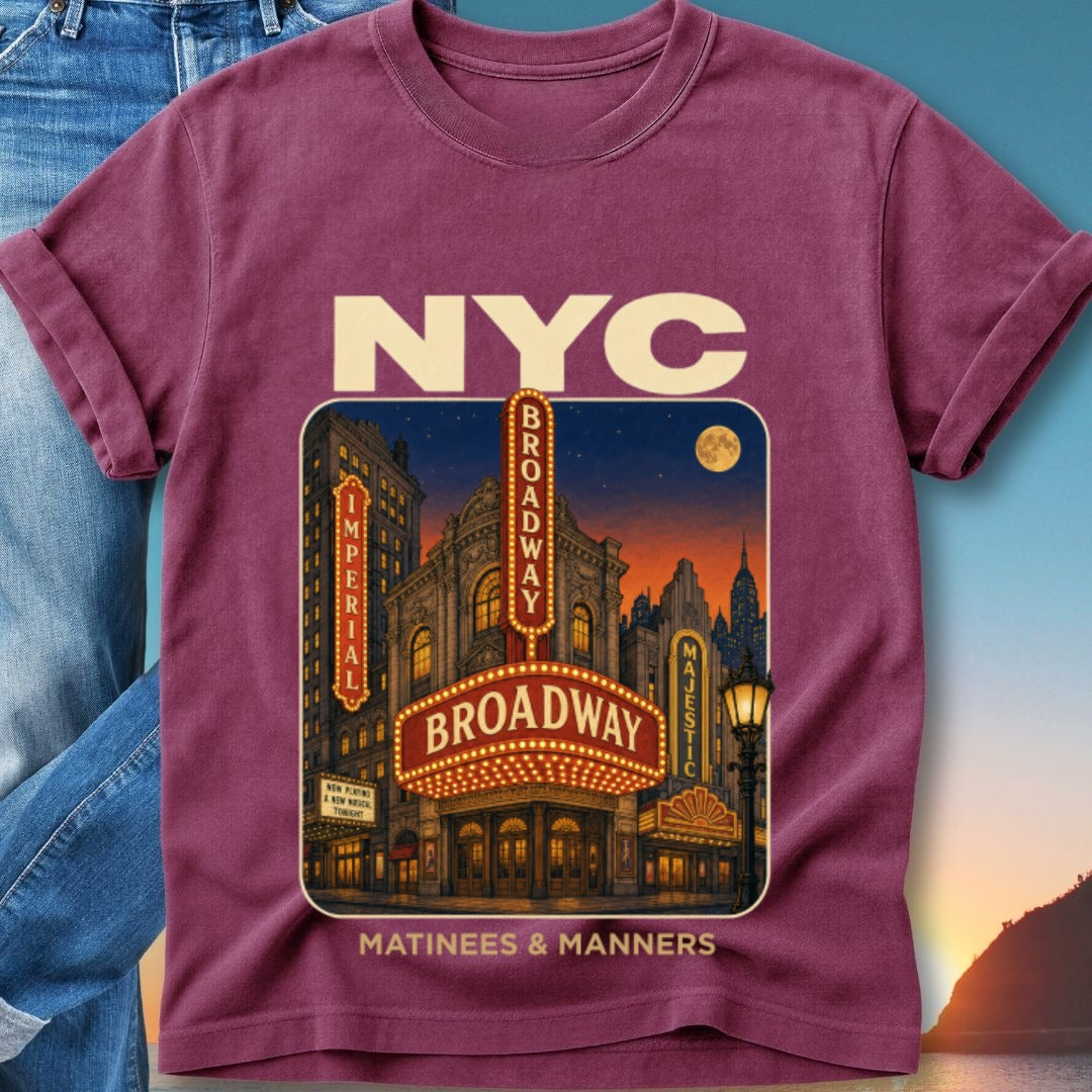 Maroon t-shirt featuring NYC Broadway theaters at night with Matinees & Manners text.