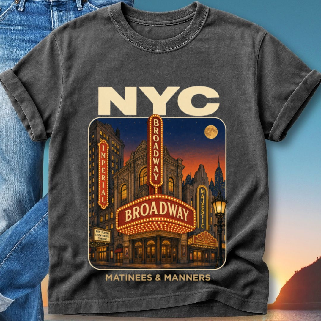 NYC Broadway marquee theater scene with "MATINEES & MANNERS" text.