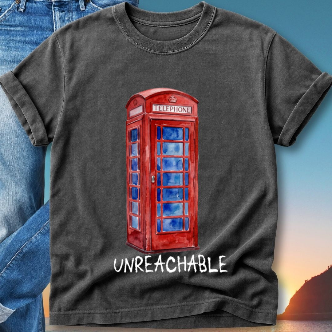 Watercolor of a red telephone booth with "UNREACHABLE" text below.