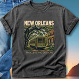 New Orleans streetcar on a tree-lined street with "Trolleys and Detours" text.