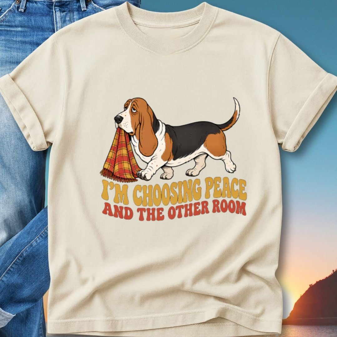 Basset hound wearing a checkered blanket, with text "I'm Choosing Peace and the Other Room".