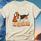 Basset hound wearing a checkered blanket, with text "I'm Choosing Peace and the Other Room".