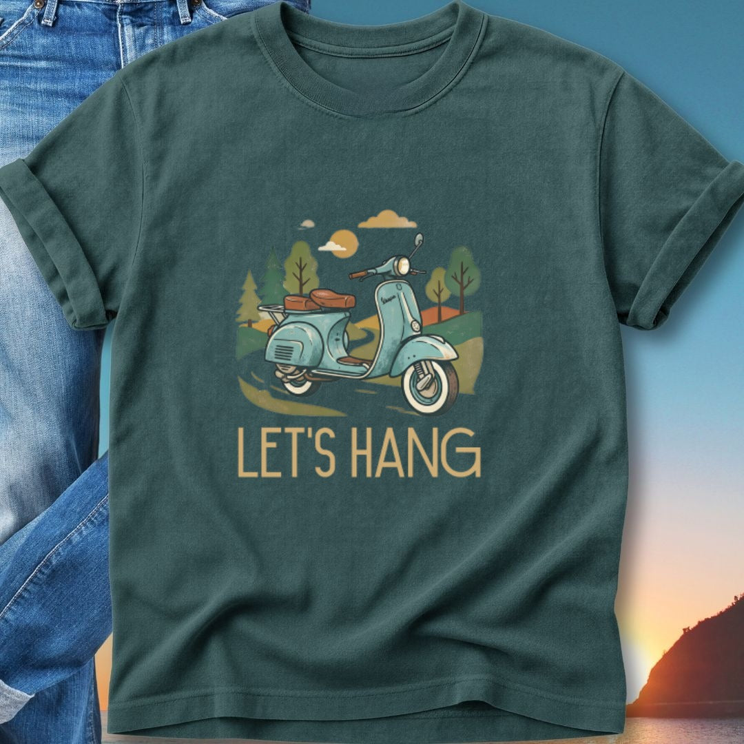 Teal t-shirt with a light blue scooter and "LET'S HANG" text.