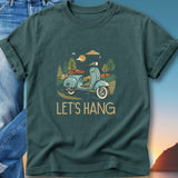 Teal t-shirt with a light blue scooter and "LET'S HANG" text.