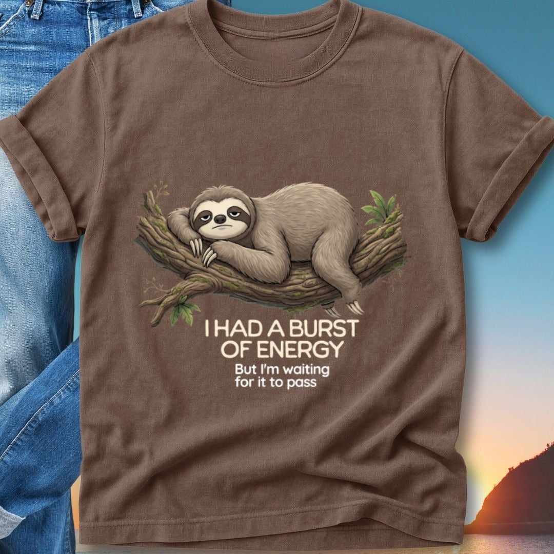 Brown t-shirt with a sloth on a branch and text "I HAD A BURST OF ENERGY but I'm waiting for it to pass".