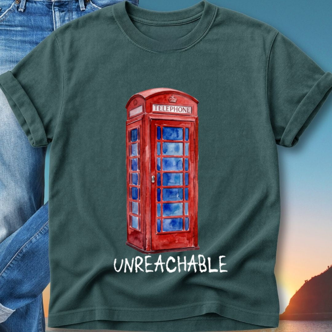 Red watercolor British telephone booth with "UNREACHABLE" text.