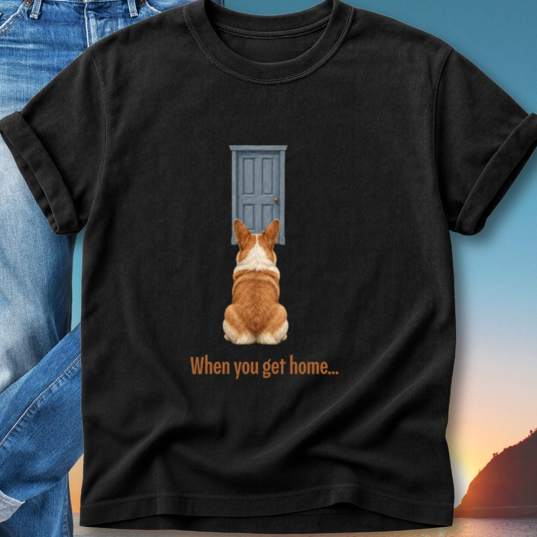 Corgi sits facing a closed door, text reads "When you get home...".