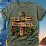 Wooden signpost pointing to "COLD BREW - 0.3 MI" and "ACCOUNTABILITY - 47 MI".