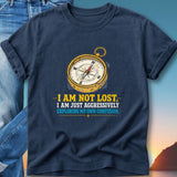 Navy t-shirt with compass graphic and text "I am not lost, I am just aggressively exploring my own confusion."