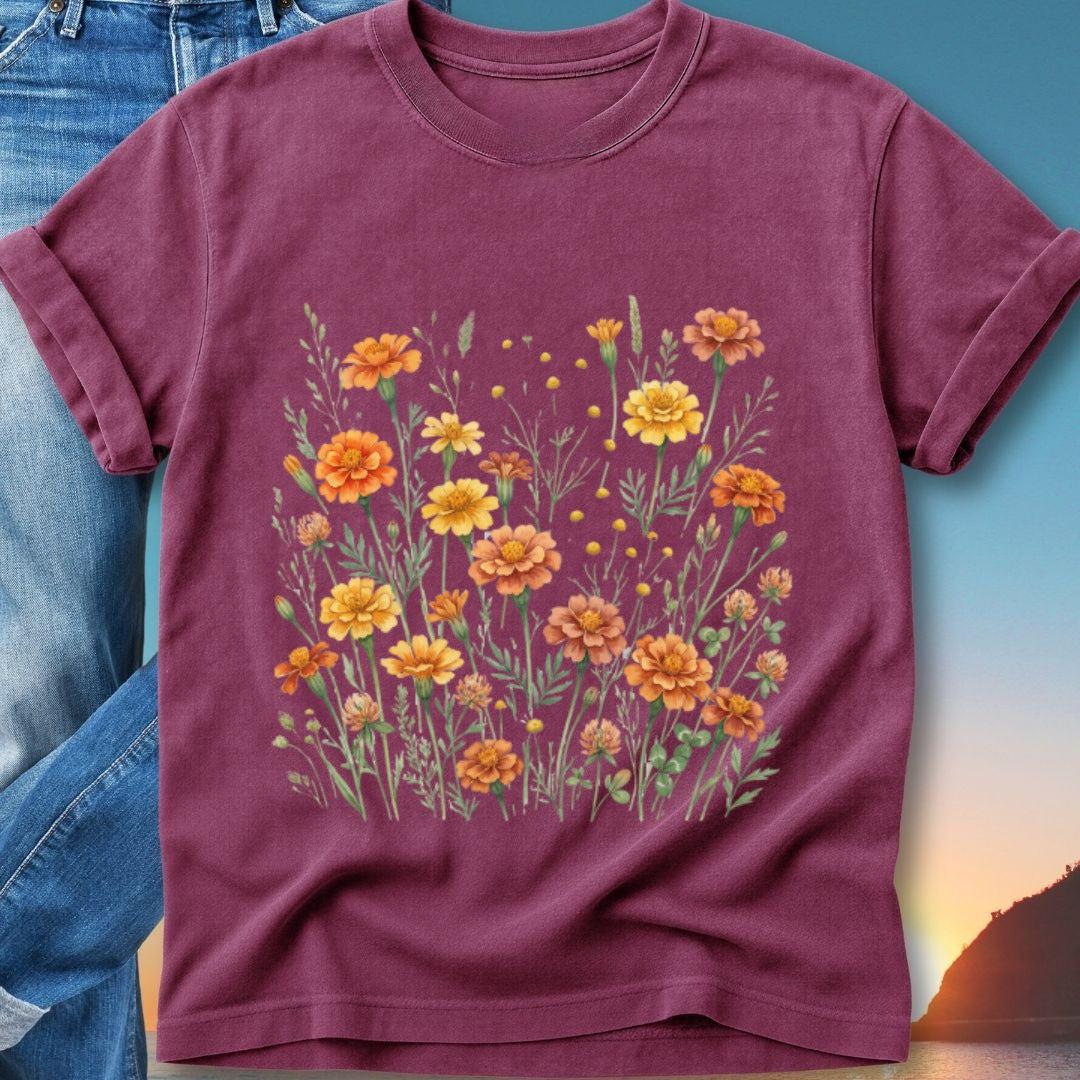 Maroon t-shirt with a watercolor illustration of orange and yellow marigolds.