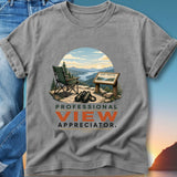T-shirt with binoculars, chair, and scenic overlook sign.