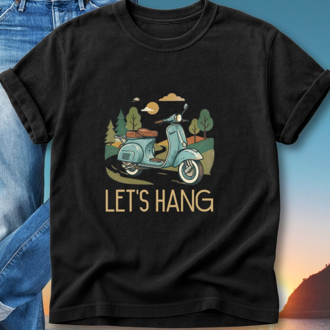Light blue scooter with "LET'S HANG" text in a vintage cartoon style.