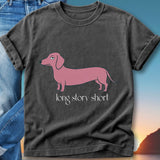 Pink dachshund illustration with text "long story short" on a t-shirt.