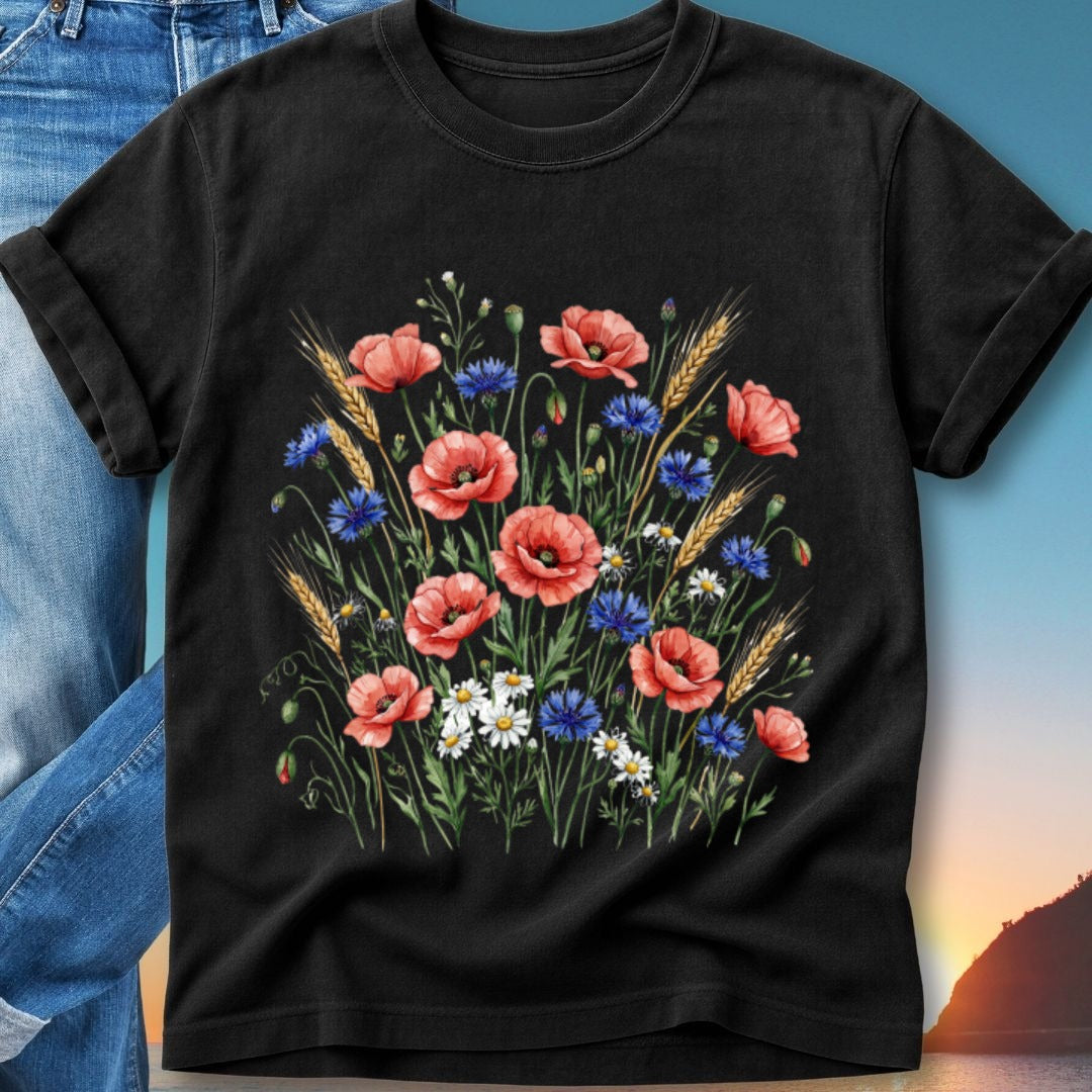 Black t-shirt with a floral design of poppies, cornflowers, daisies, and wheat.