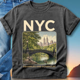 Dark t-shirt with "NYC SQUIRRELS AND SCHEDULES" and Central Park bridge scene.