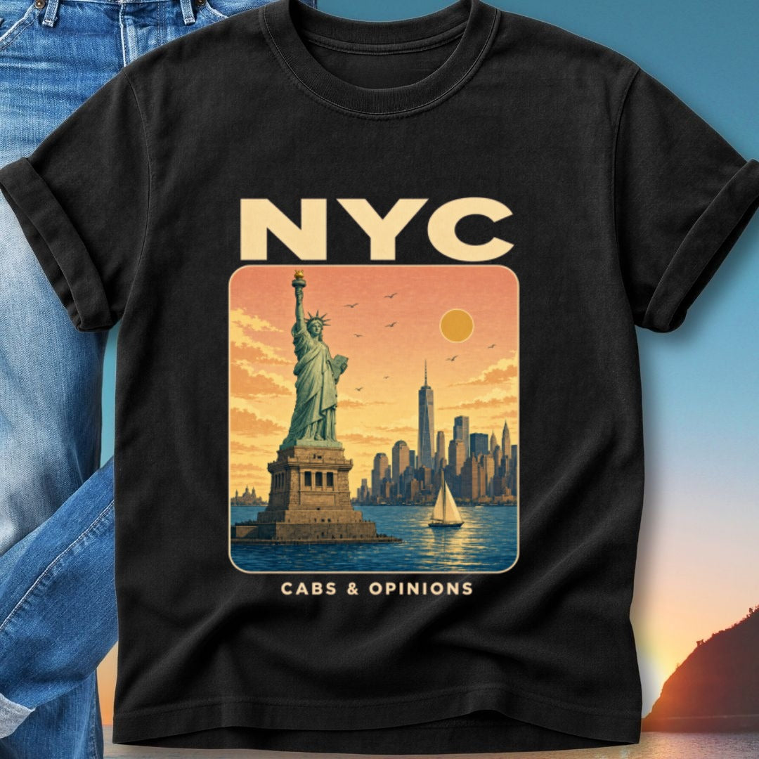 Black t-shirt featuring a vintage NYC skyline with Statue of Liberty and sailboat.