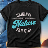 Black t-shirt with "Original Nature Fan Girl" text and sunset background.