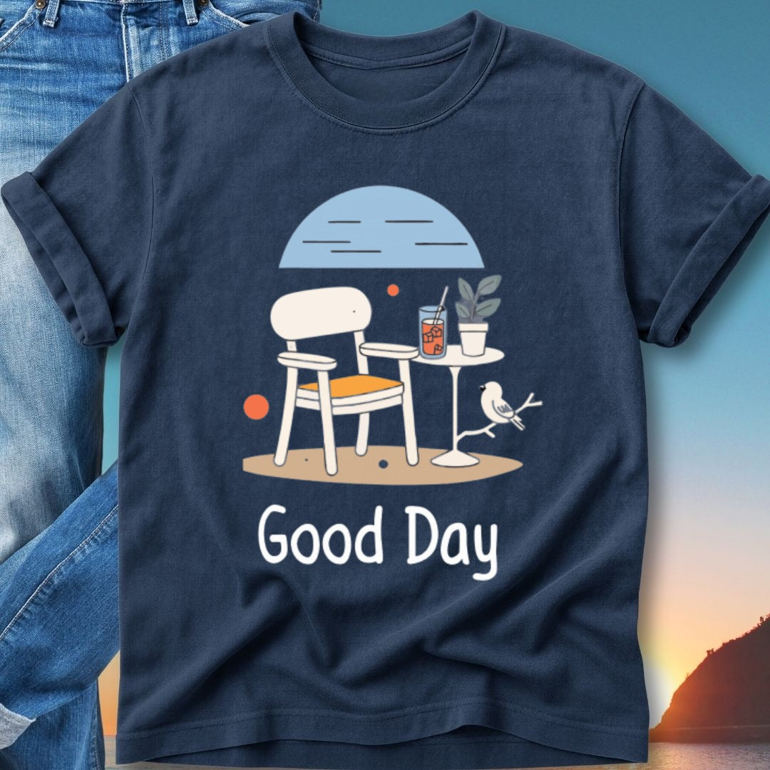 Navy t-shirt with "Good Day" text and illustration of outdoor seating.