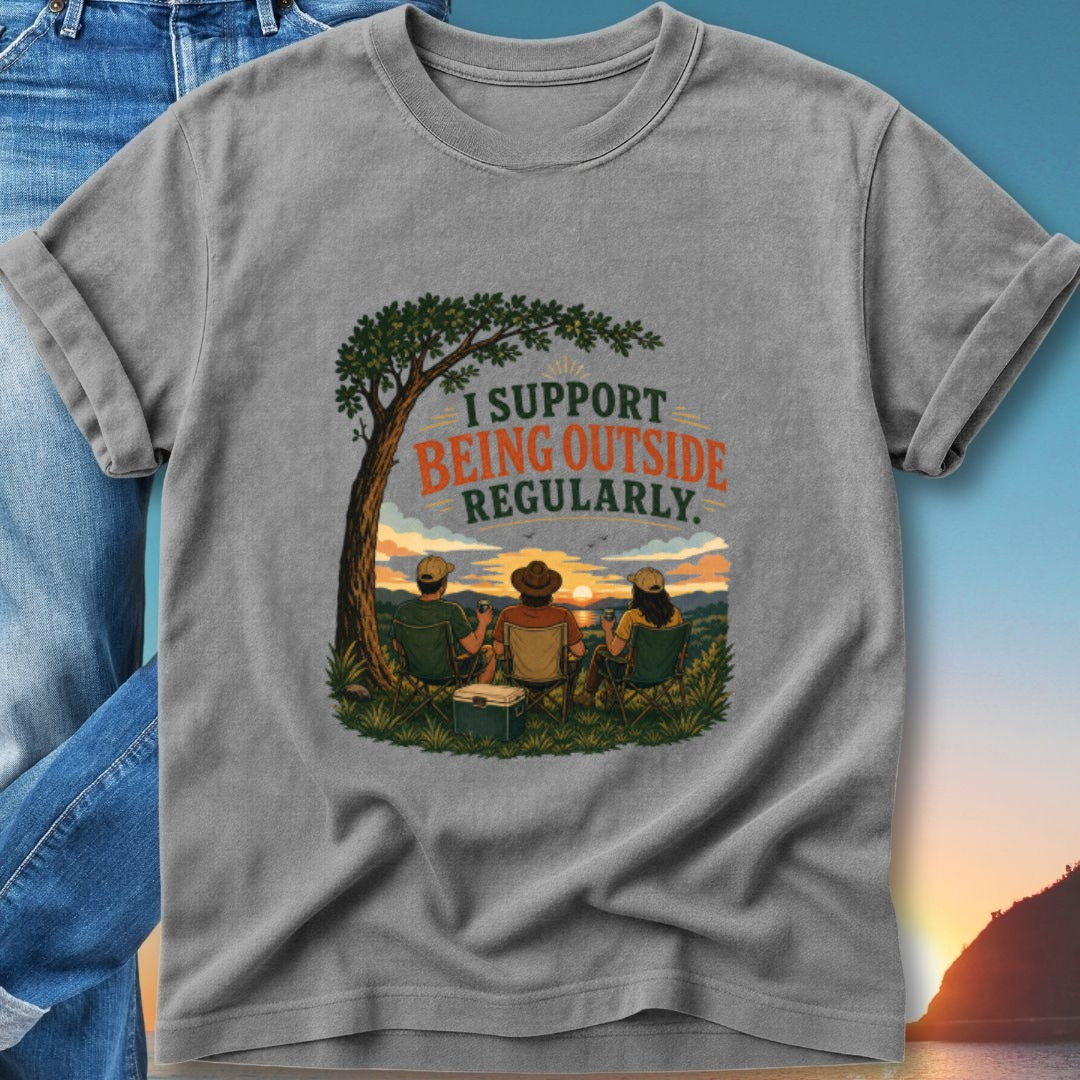 T-shirt with graphic of people watching sunset, "I support being outside regularly".