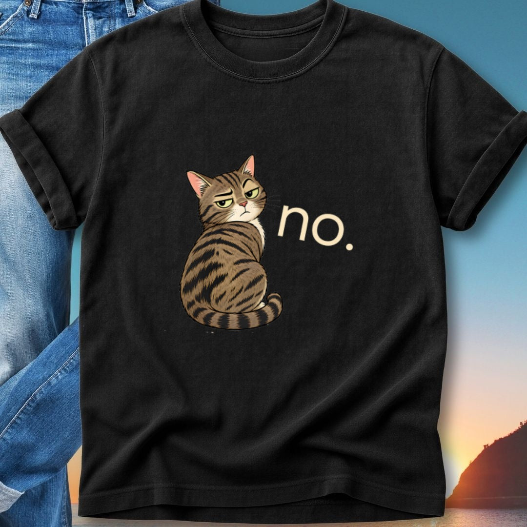 Black t-shirt with a grumpy cat illustration and the word "no.".