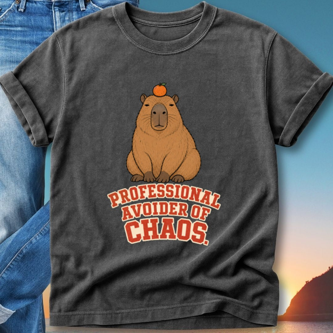 Capybara wearing an orange slice on its head, text reads "Professional Avoider of Chaos".