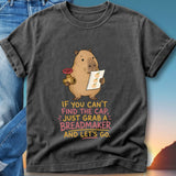 Capybara holding a slice of bread and a faucet, with humorous text about finding things.