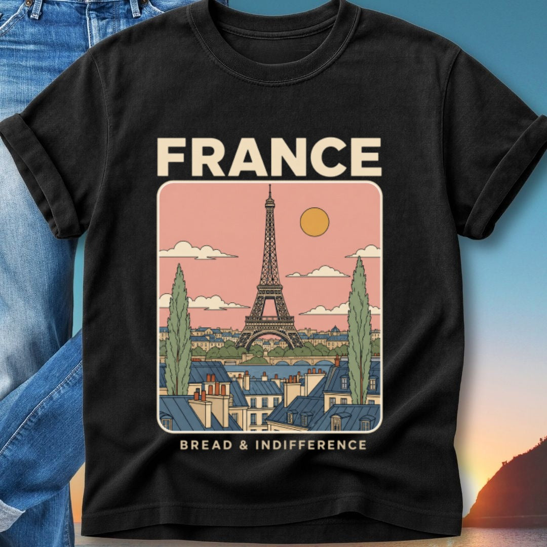 Black t-shirt featuring Eiffel Tower illustration with "FRANCE" and "BREAD & INDIFFERENCE" text.
