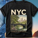 Black t-shirt with "NYC SQUIRRELS AND SCHEDULES" and Central Park scene.