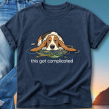 T-shirt with a cartoon basset hound tangled in computer cables, text "this got complicated".