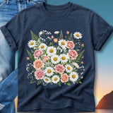 Dark blue t-shirt with a bouquet of pink roses and white daisies.