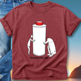 T-shirt graphic of two people pushing a giant battery with text "Mondays Be Like...".