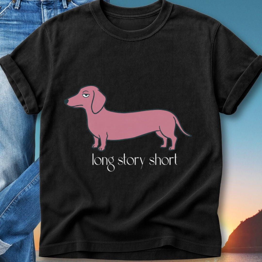 Black t-shirt with a pink dachshund graphic and "long story short" text.