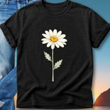 Black t-shirt with a watercolor daisy graphic on the front.