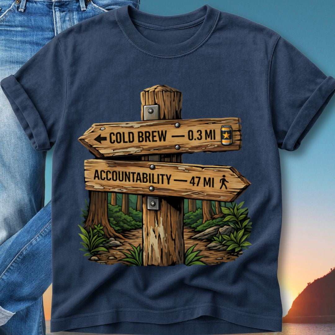Wooden signpost pointing to cold brew and accountability with a sunset background.