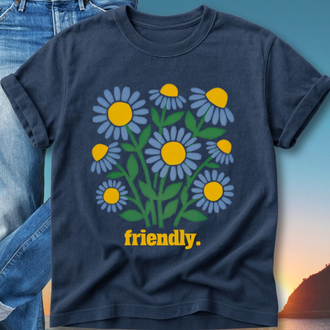 Navy t-shirt with graphic of blue and yellow flowers and the word "friendly."