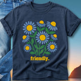 Navy t-shirt with graphic of blue and yellow flowers and the word "friendly."