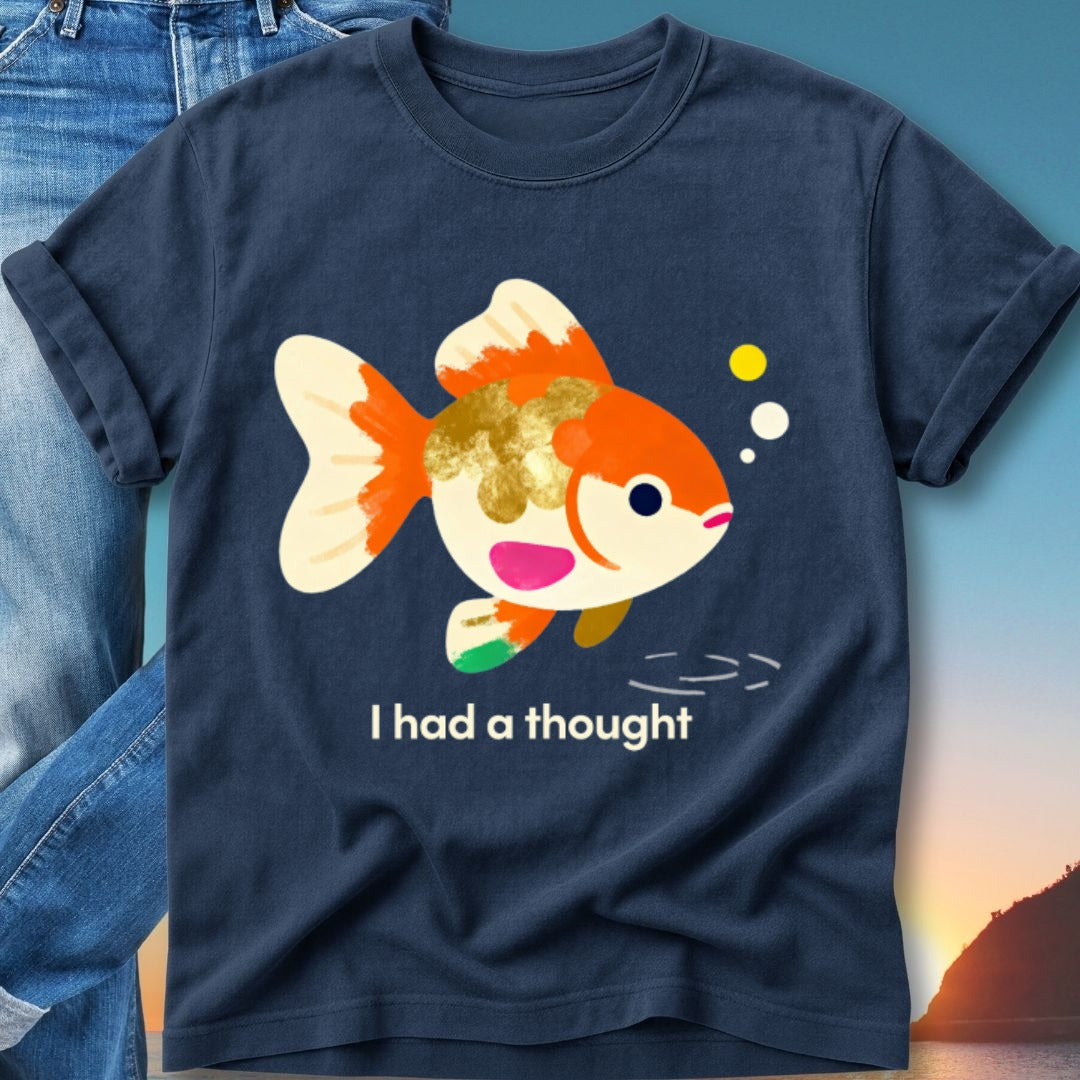 Navy t-shirt with goldfish graphic and text "I had a thought".