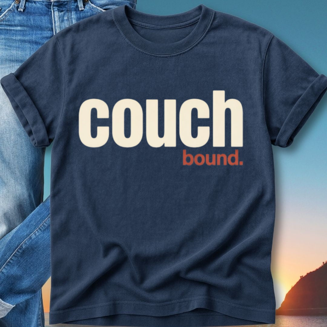Navy t-shirt with "couch bound." text in beige and orange.