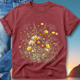 Maroon t-shirt with a watercolor floral design featuring daisies and yellow wildflowers.