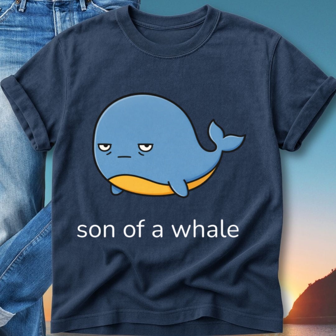 Dark blue t-shirt with a cartoon whale and text "son of a whale".