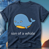 Dark blue t-shirt with a cartoon whale and text "son of a whale".