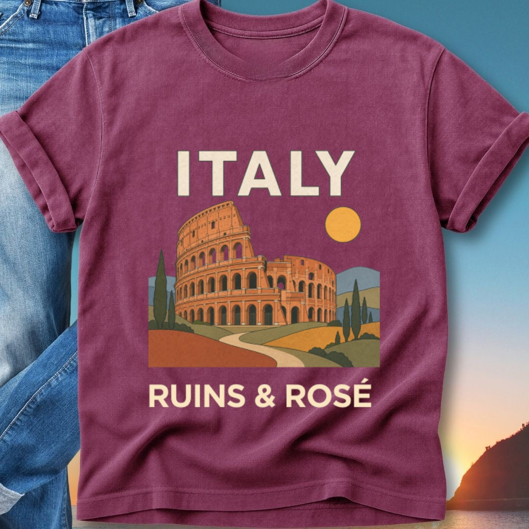 Burgundy t-shirt with "ITALY RUINS & ROSÉ" and Colosseum graphic.