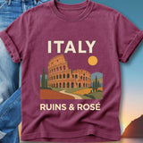 Burgundy t-shirt with "ITALY RUINS & ROSÉ" and Colosseum graphic.