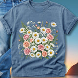 Blue t-shirt with a floral bouquet print of daisies and pink roses.