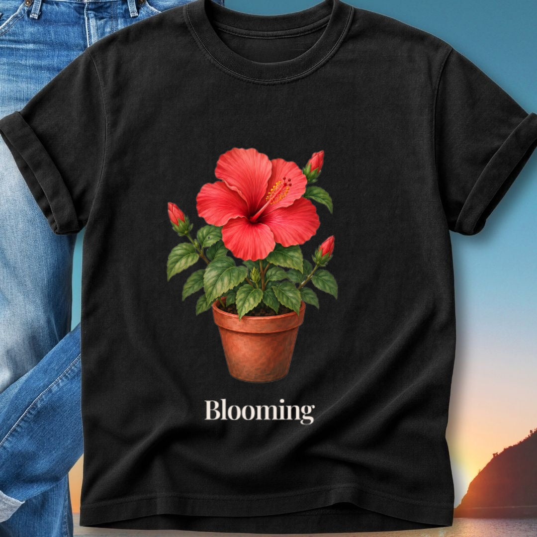 Black t-shirt with hibiscus flower illustration and "Blooming" text.
