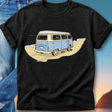 Light blue camper van on a sandy beach at sunset, "later!" text.