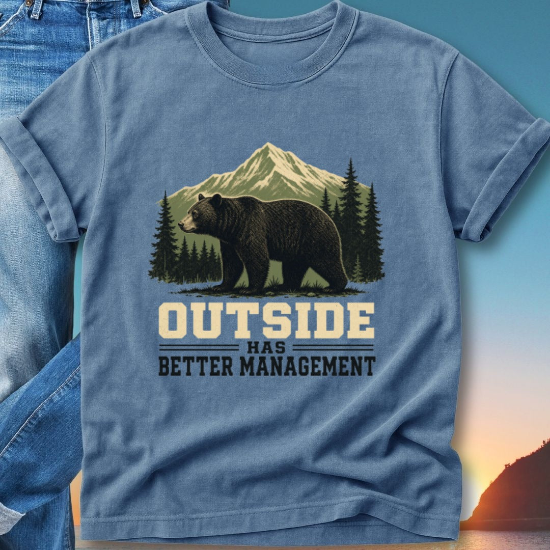Blue t-shirt with "Outside Has Better Management" text and a bear with mountains.